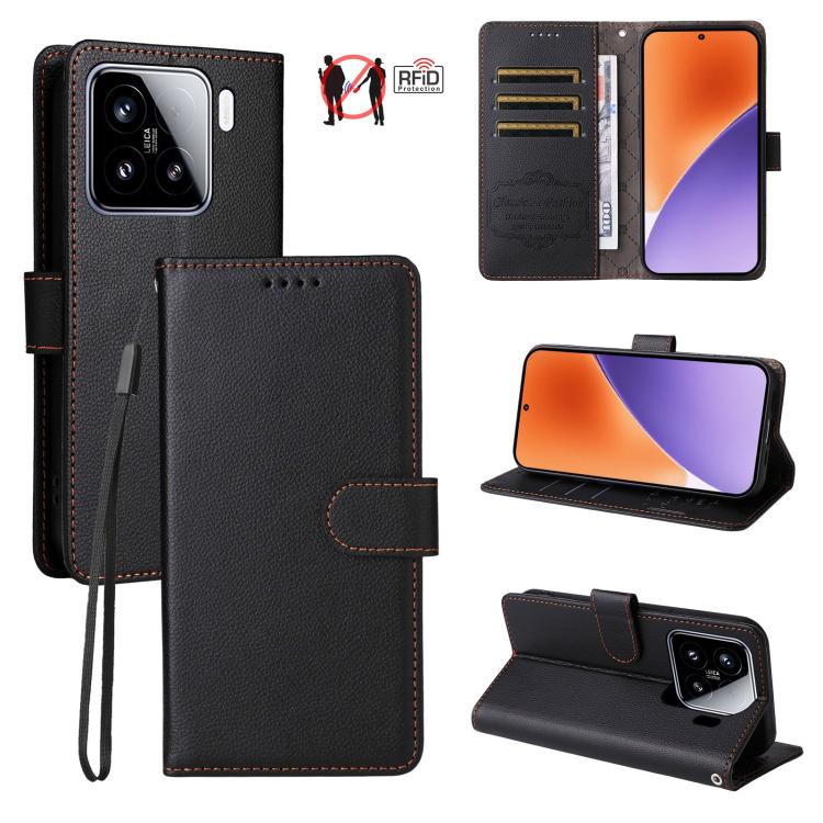Black folio wallet phone case in textured leather with card slots and viewing stand.