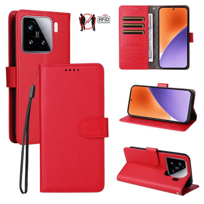 Red folio wallet phone case in textured leather with card slots and viewing stand.