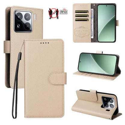 Beige litchi-texture 3-card RFID wallet phone case with folio stand and wrist strap