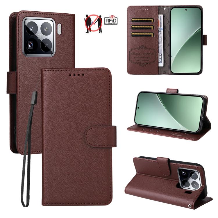 Brown litchi-texture 3-card RFID wallet phone case with folio stand and wrist strap