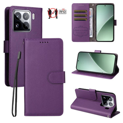 Purple litchi-texture 3-card RFID wallet phone case with folio stand and wrist strap