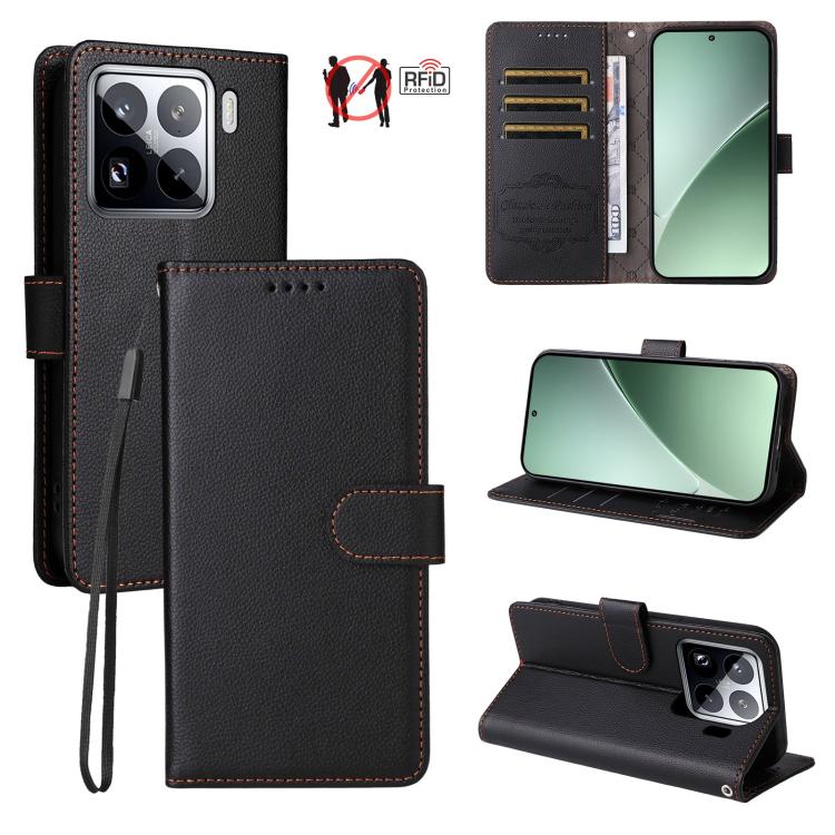 Black litchi-textured leather wallet phone case with 3 card slots and flip stand.