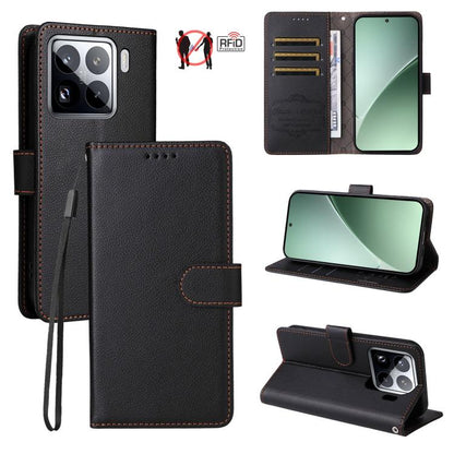 Black litchi-textured leather wallet phone case with 3 card slots and flip stand.