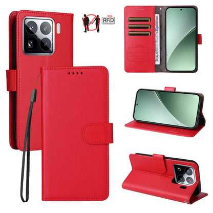 Red litchi-textured leather wallet phone case with 3 card slots and folio flip stand.