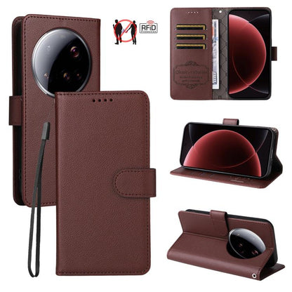 Brown litchi-texture 3-card RFID wallet phone case with folio stand and wrist strap