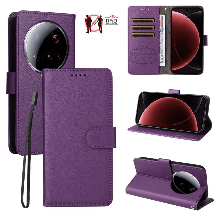 Purple litchi-texture 3-card RFID wallet phone case with folio stand and wrist strap