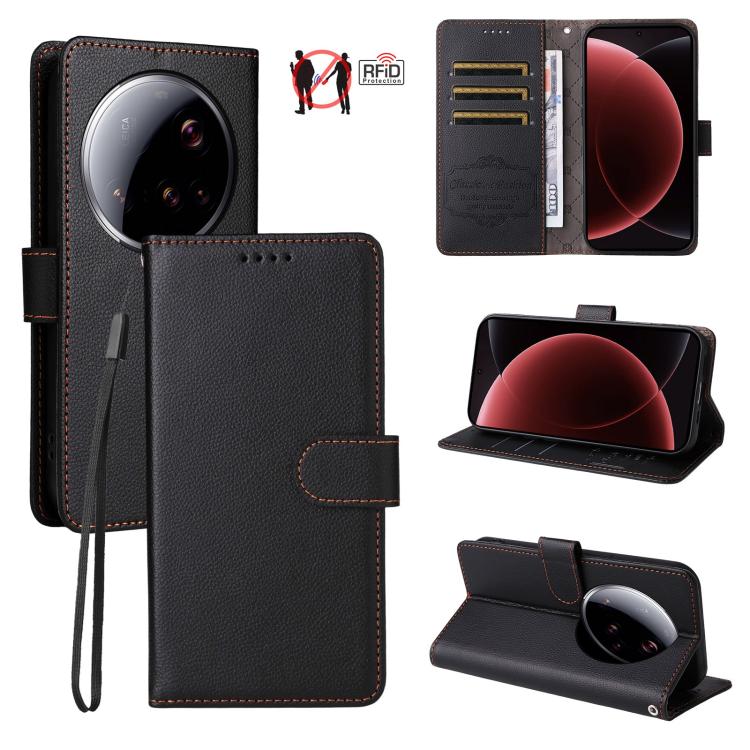 Dark litchi-texture 3-card RFID wallet phone case with folio stand and wrist strap