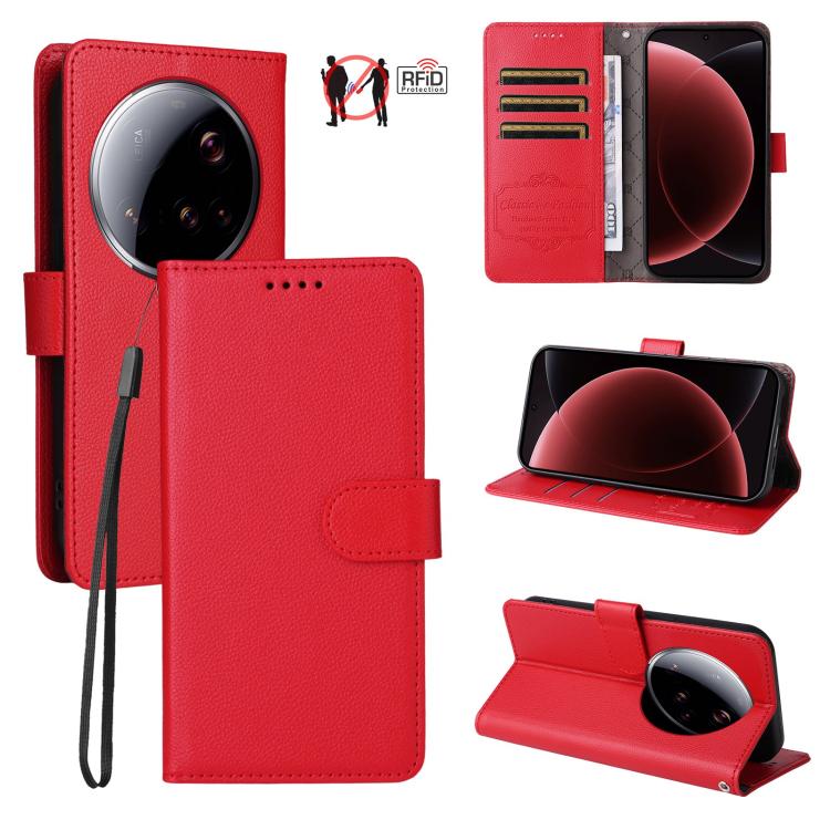 Red litchi-texture 3-card RFID wallet phone case with folio stand and wrist strap