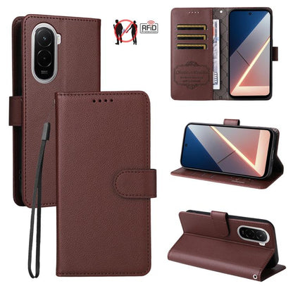 RFID blocking 3-card wallet leather phone case with litchi texture, brown folio cover