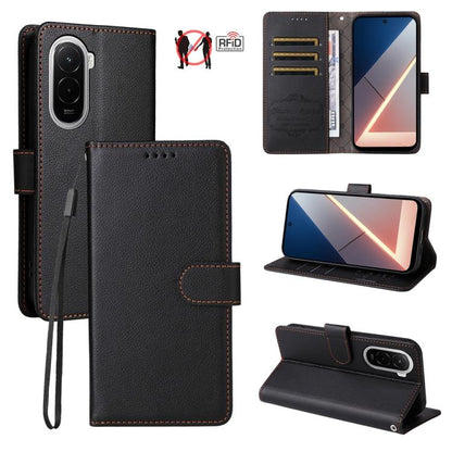 RFID blocking 3-card wallet leather phone case with litchi texture, dark folio cover