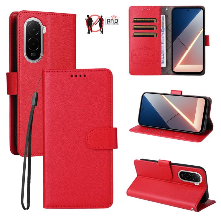 RFID blocking 3-card wallet leather phone case with litchi texture, red folio cover