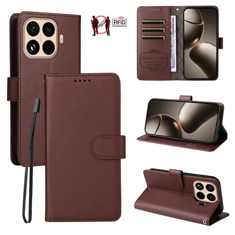 Brown litchi-texture RFID wallet phone case with 3 card slots and magnetic stand