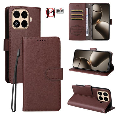 Brown litchi-texture RFID wallet phone case with 3 card slots and magnetic stand