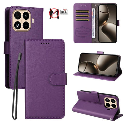 Purple litchi-texture RFID wallet phone case with 3 card slots and magnetic stand