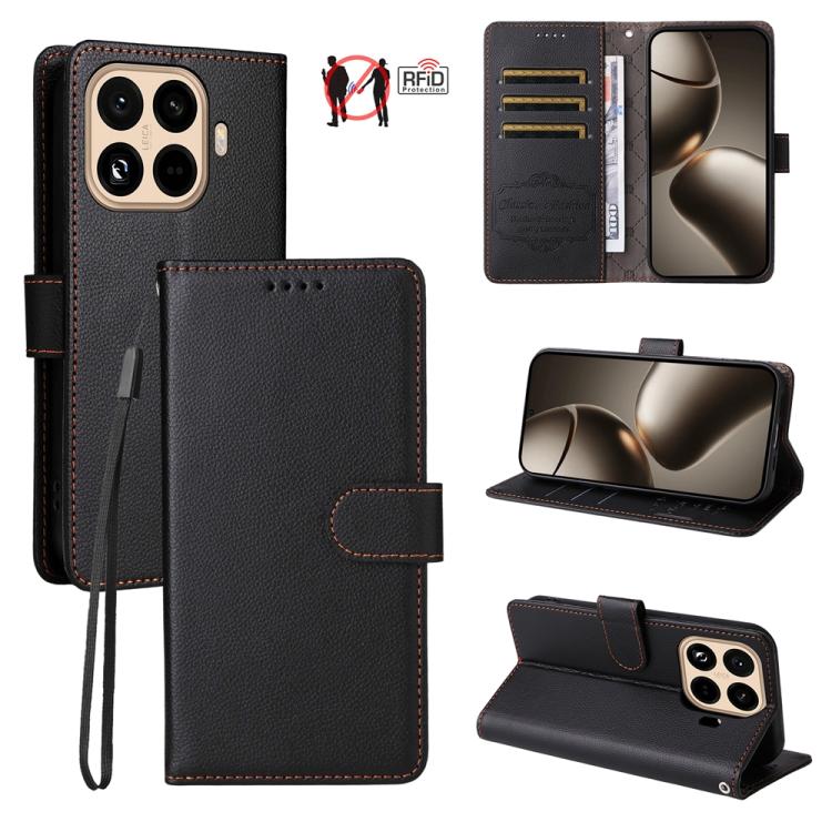 Black litchi-texture leather wallet phone case with RFID card protection and stand