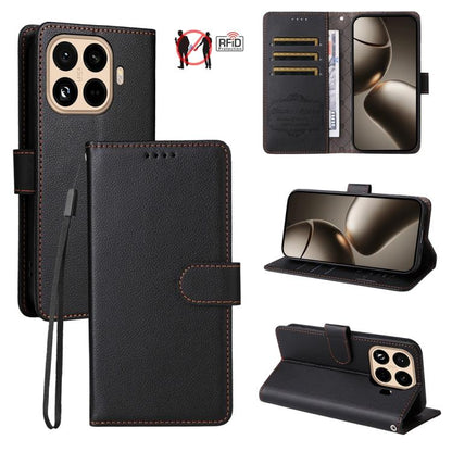 Black litchi-texture leather wallet phone case with RFID card protection and stand