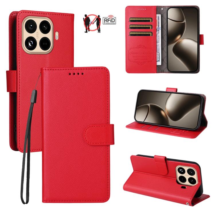 Red litchi-texture leather wallet phone case with RFID card protection and stand