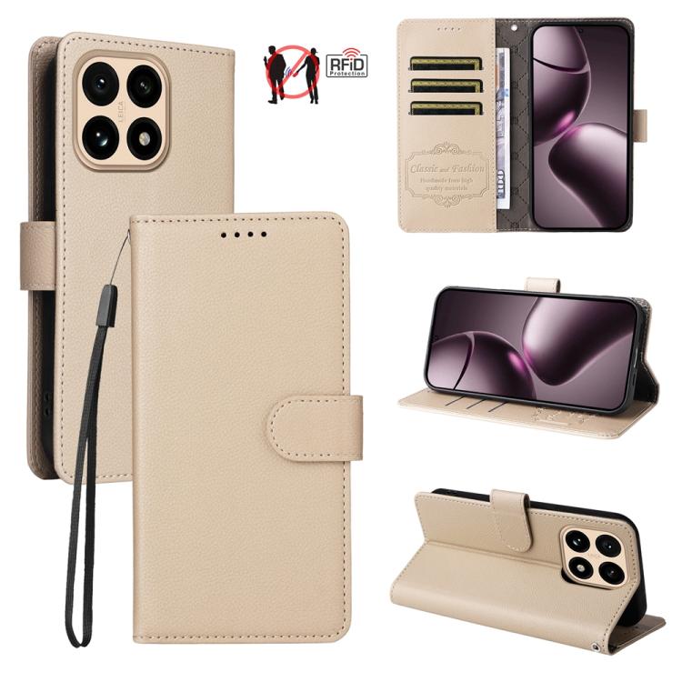 Beige litchi-texture leather wallet phone case with RFID card protection and stand
