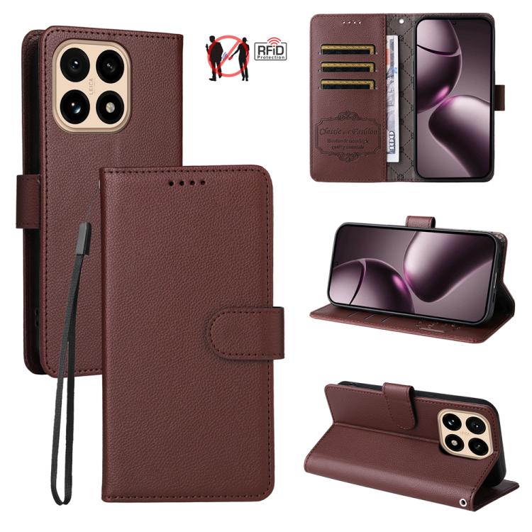 Brown litchi-texture leather wallet phone case with RFID card protection and stand