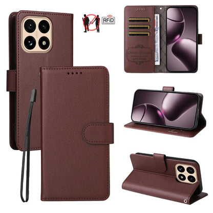 Brown litchi-texture leather wallet phone case with RFID card protection and stand