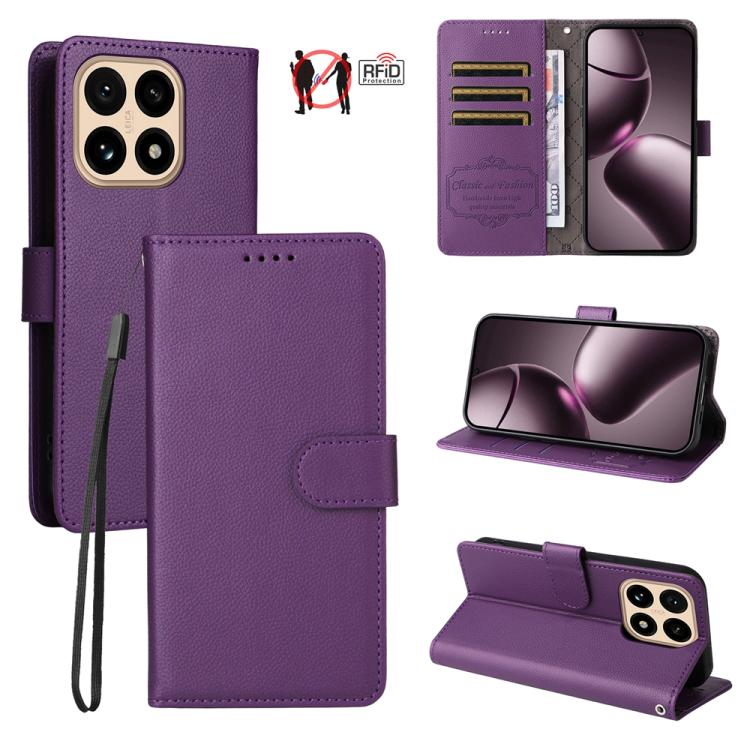 Purple litchi-texture leather wallet phone case with RFID card protection and stand