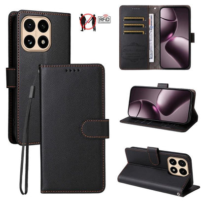 Black litchi-texture 3-card RFID wallet phone case with folio stand and wrist strap