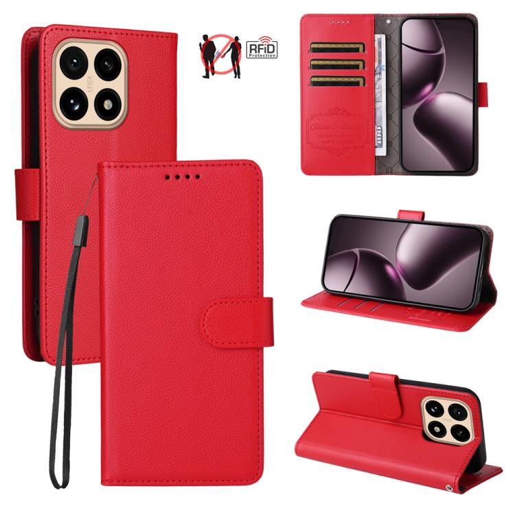 Red litchi-texture 3-card RFID wallet phone case with folio stand and wrist strap