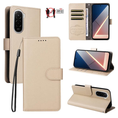 RFID blocking 3-card wallet leather phone case with litchi texture, beige folio cover