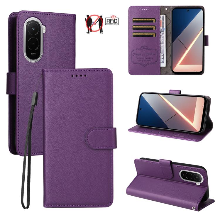 RFID blocking 3-card wallet leather phone case with litchi texture, purple folio cover