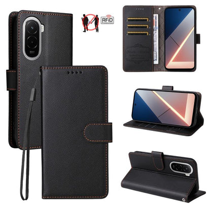 Black litchi-texture RFID wallet phone case with 3 card slots and magnetic stand
