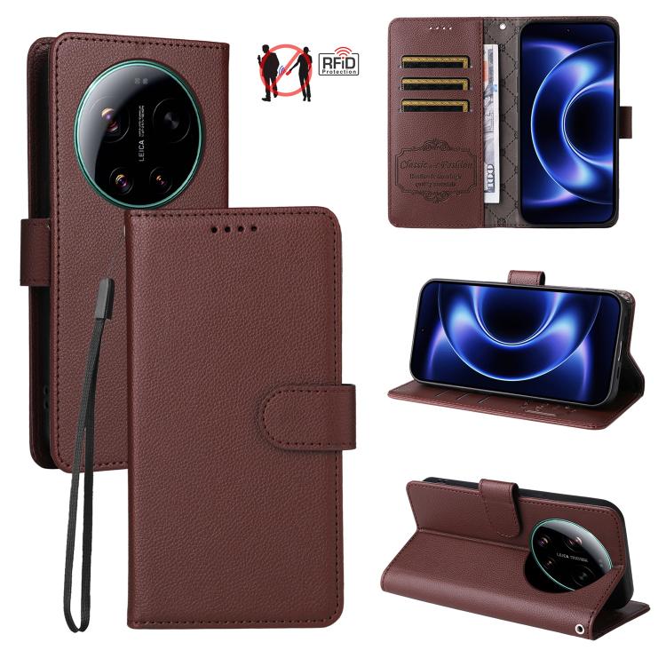 Brown textured leather RFID 3-card wallet phone case with strap and kickstand