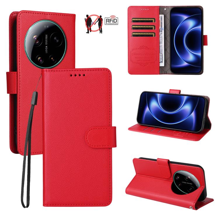 RFID blocking 3-card wallet leather phone case with litchi texture, red folio cover