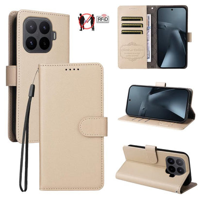 Beige textured leather RFID 3-card phone wallet case with strap and kickstand