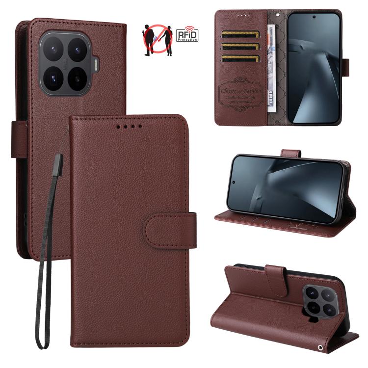 Brown textured leather RFID 3-card phone wallet case with strap and kickstand
