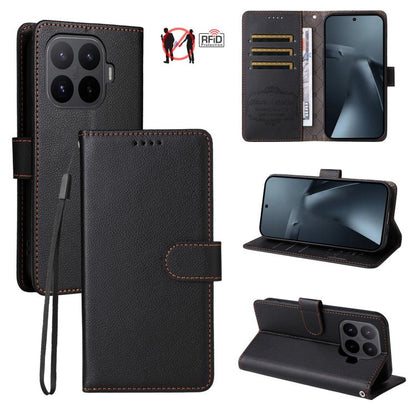 Dark textured leather RFID 3-card phone wallet case with strap and kickstand