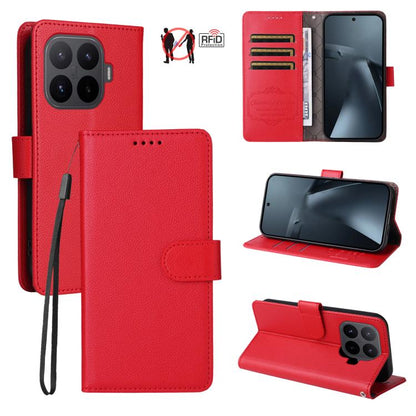 Red leather RFID wallet case with fold-out viewing stand and wrist strap