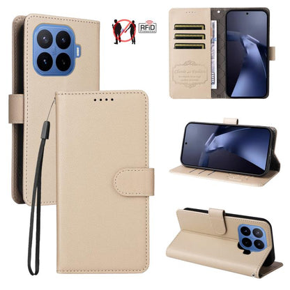 Beige RFID wallet phone case with 3 card slots and kickstand view, wrist strap attached