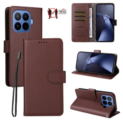 Brown RFID wallet phone case with 3 card slots and kickstand view, wrist strap attached