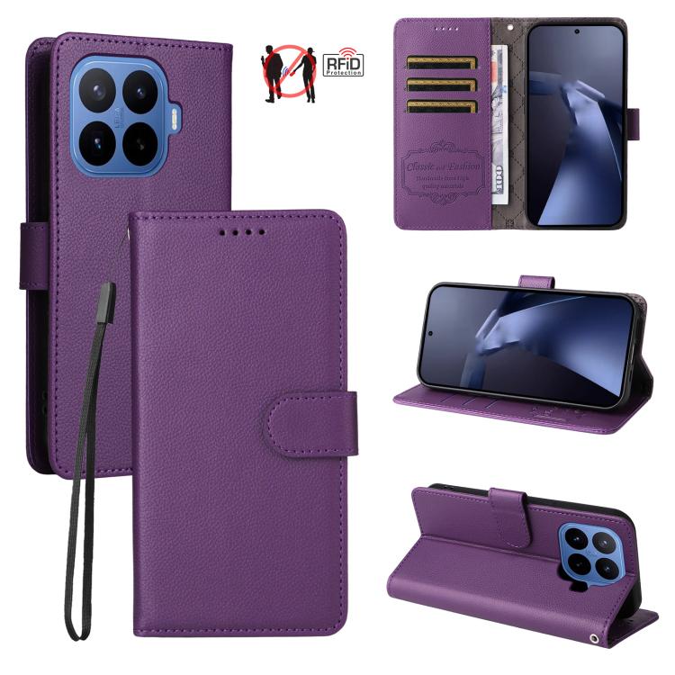 Purple RFID wallet phone case with 3 card slots and kickstand view, wrist strap attached