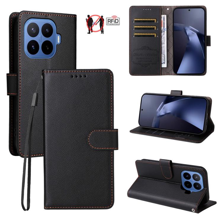 Black textured leather RFID 3-card phone wallet case with strap and kickstand