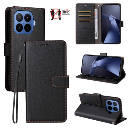 Black textured leather RFID 3-card phone wallet case with strap and kickstand