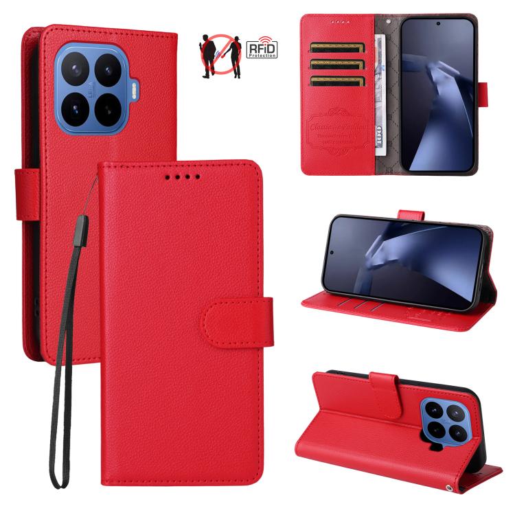 Red textured leather RFID 3-card phone wallet case with strap and kickstand