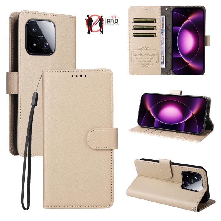 Beige RFID wallet phone case with 3 card slots, textured finish, and wrist strap