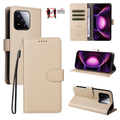 Beige RFID wallet phone case with 3 card slots, textured finish, and wrist strap