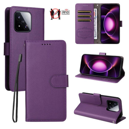 Purple RFID wallet phone case with 3 card slots, textured finish, and wrist strap