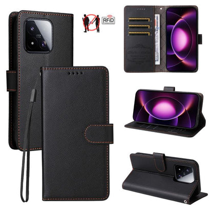Black RFID wallet phone case with 3 card slots and kickstand view, wrist strap attached