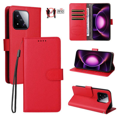 Red RFID wallet phone case with 3 card slots and kickstand view, wrist strap attached