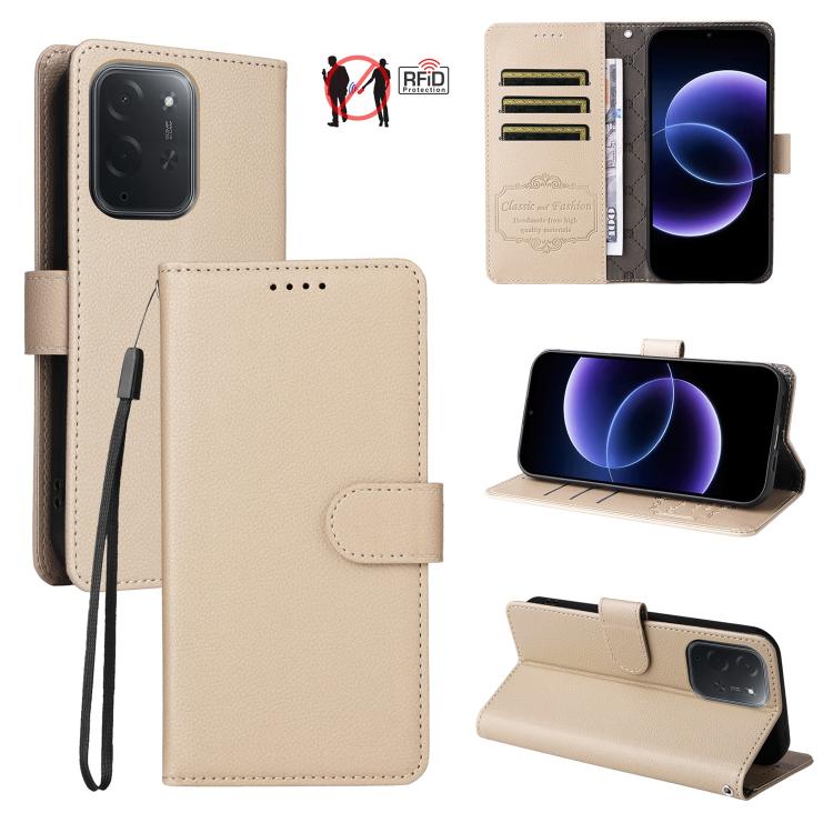 Beige litchi-texture RFID 3-card wallet phone case with wrist strap and folio cover