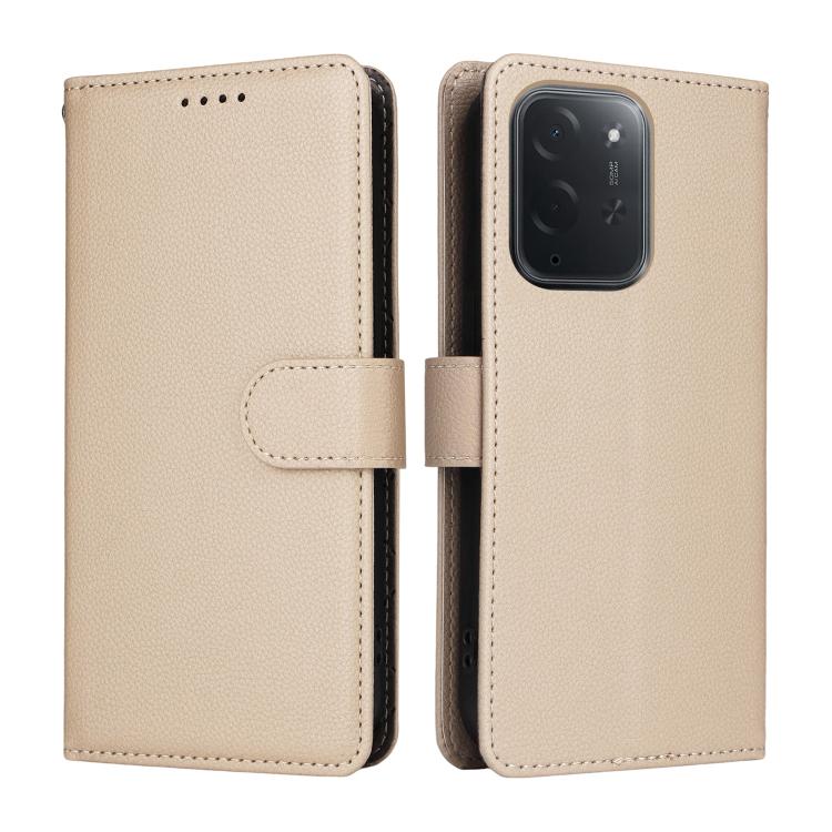 Beige litchi-texture wallet phone case with magnetic clasp and card slot flap
