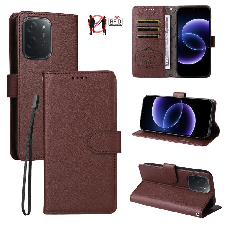 Brown litchi-texture RFID 3-card wallet phone case with wrist strap and folio cover